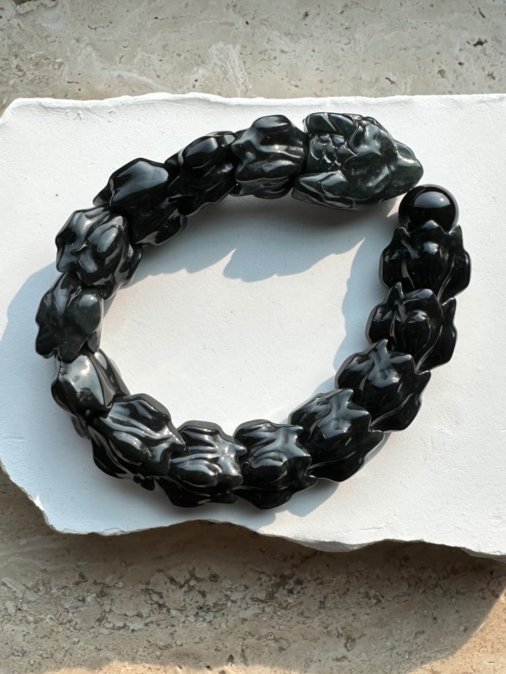 Certified Grade A Natural Burmese Wuji Jadeite Carved Dragon Stretch Bracelet
